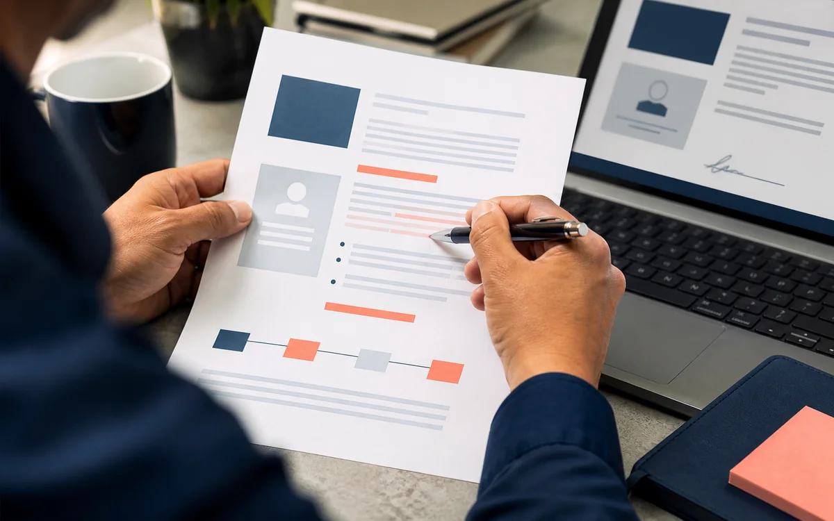 Persona revisando cuidadosamente un acuerdo de prestación de una solución digital