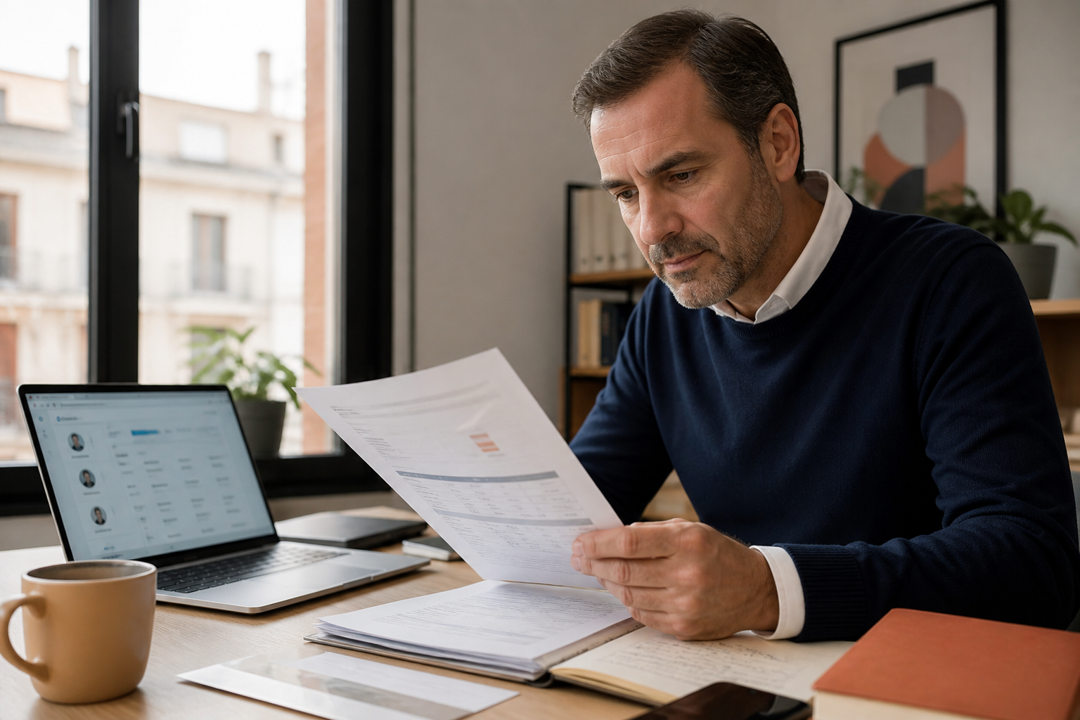 Profesional comprobando una propuesta y un directorio de proveedores
